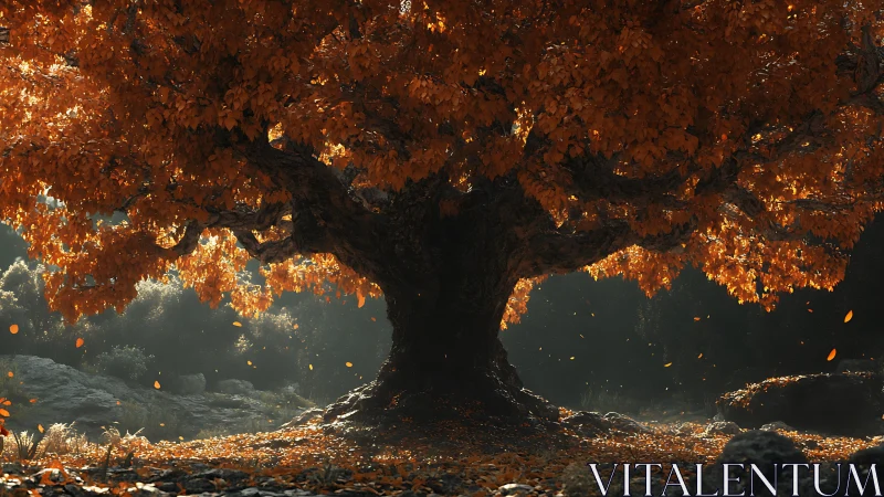 Ancient autumn tree glowing with cinematic backlight magic.