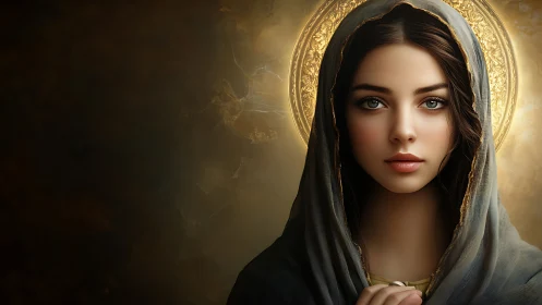 Sacred veiled woman framed by radiant golden halo