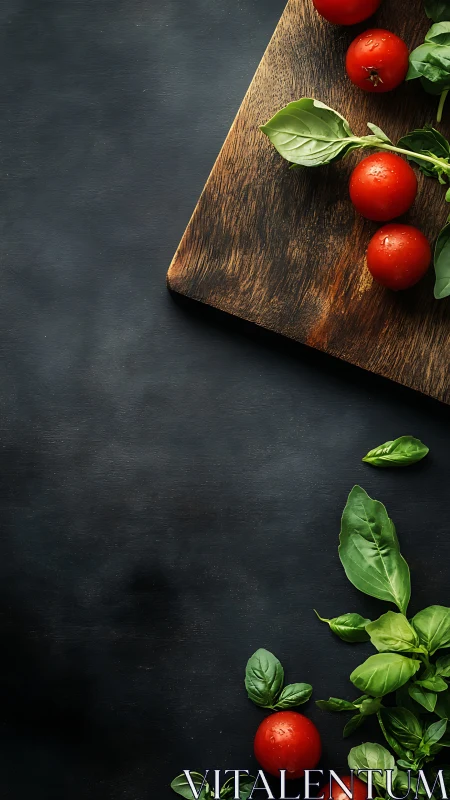 Ripe cherry tomatoes and basil leaves rest on rustic board.