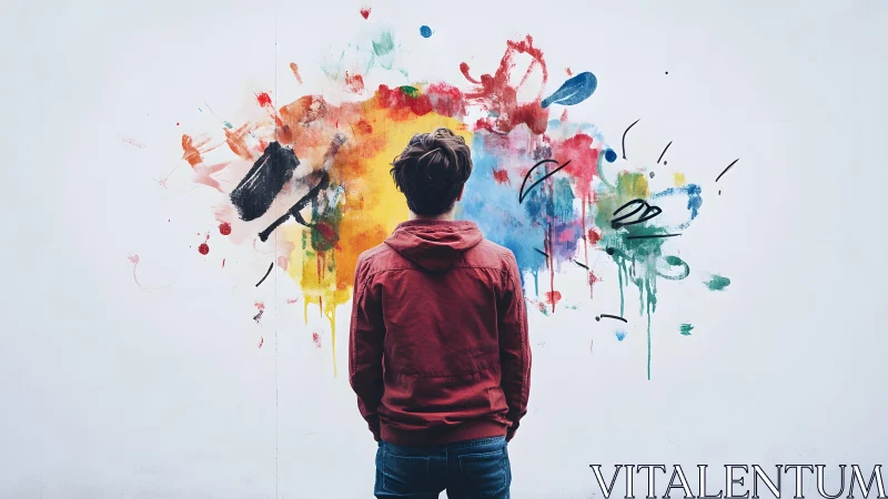 Young man in red jacket facing vibrant abstract wall art.