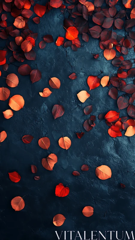 Red leaves scattered on dark textured background surface.