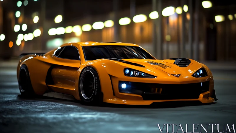 Low-angle night shot of orange custom sports car on street.