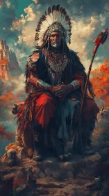 Elder tribal chief sits on rocky ledge under stormy sky