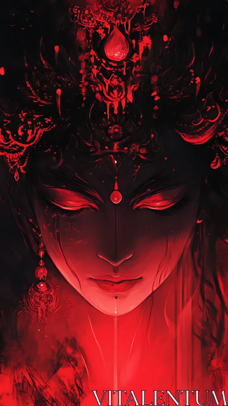 Bloodlit goddess portrait with glowing red eyes and crown.