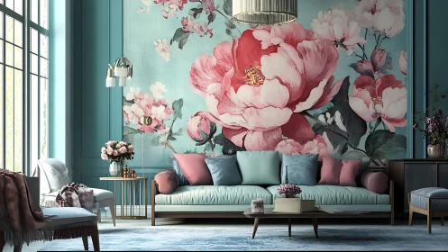 Cozy teal living room warmed by oversized floral mural.