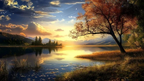 Golden lake sunset bathes tranquil mountains in soft light