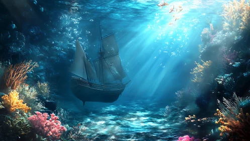 Sunken wooden ship resting among illuminated coral reef.