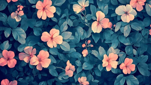 Coral Blossoms Among Teal Foliage in Soft Garden Light