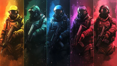 Chromatic strike squad standing in vapor-bright battlefields.