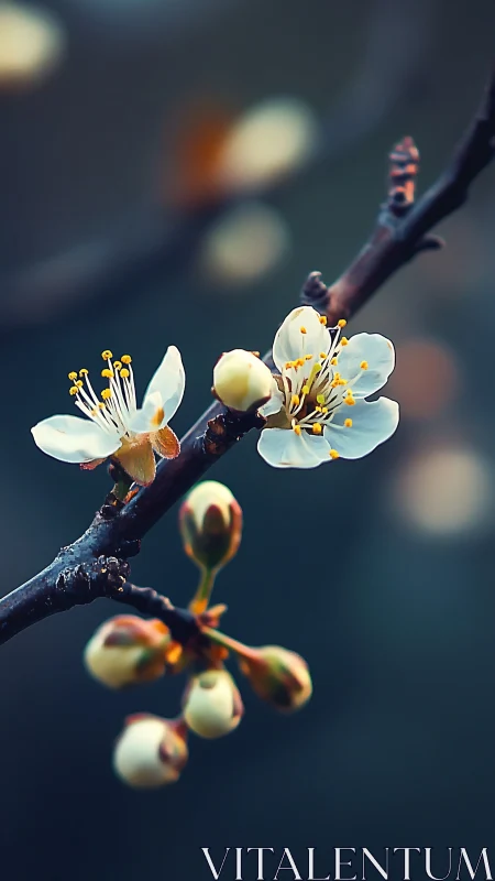 Spring blossoms emerge on dark branch with golden stamens.