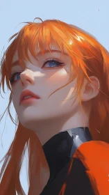 Red haired heroine gazes upward against clear sky