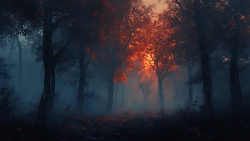 Mystical Forest Ablaze with Autumnal Fire and Mist.