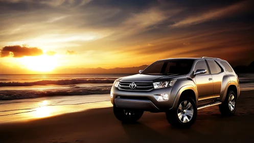 SUV on tropical beach at vivid orange sunset glow.