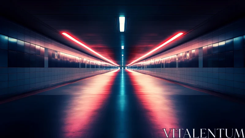 Symmetrical underground corridor with neon ceiling lighting.