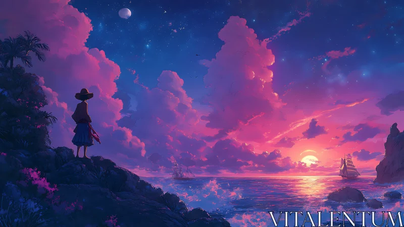 Sky-drenched wanderer greeting a violet ocean sunset dream.