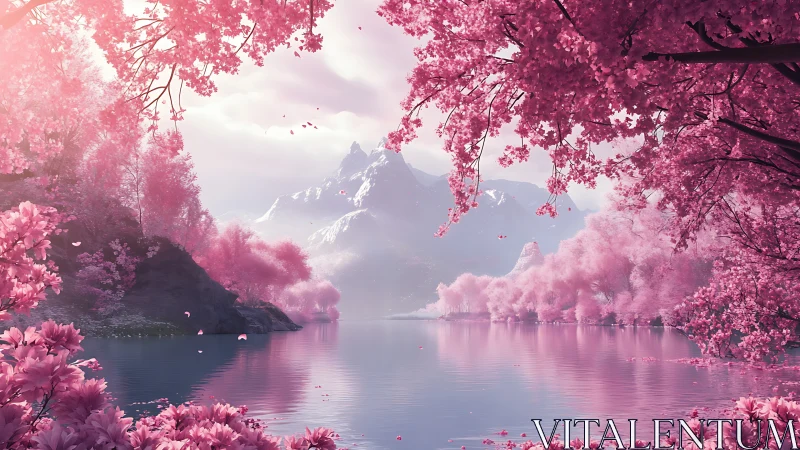 Blush-tinted lake cradled by dreamlike cherry peaks.