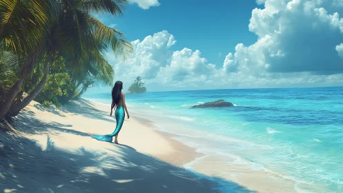 Mermaid silhouette on sunlit tropical shoreline in azure light.