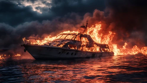 Dramatic Boat Fire At Sea Engulfed in Intense Flames