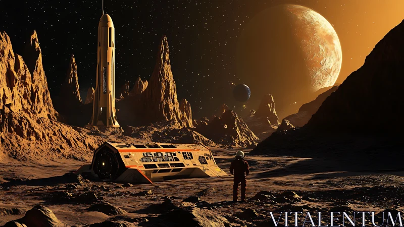 Crewed Mars outpost with lander, rockets and multi-moon vista