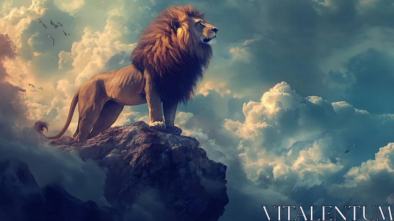Majestic lion atop stormlit cliffs under radiant clouds.
