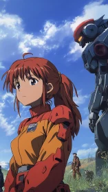 Red‑suited pilot stands before towering combat mecha