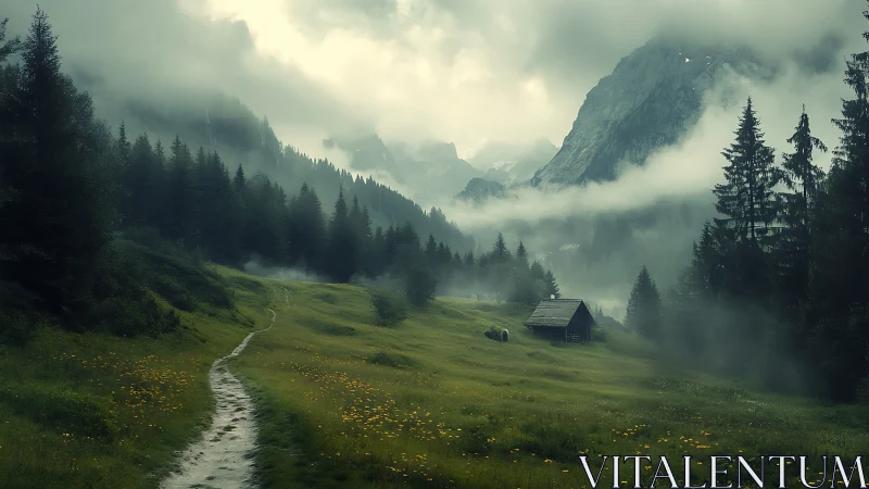 Foggy alpine valley with cabin, forest, and mountain path.