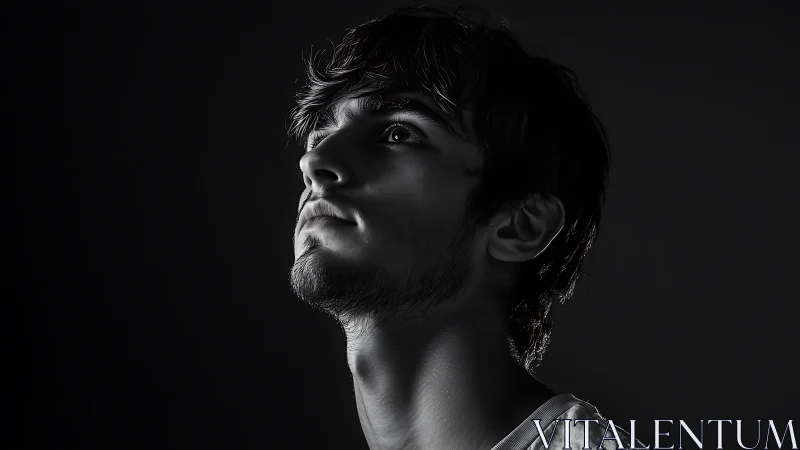 Side-lit portrait of young man in deep shadowed profile.