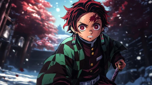 Determined anime swordsman in snowy red forest scene.