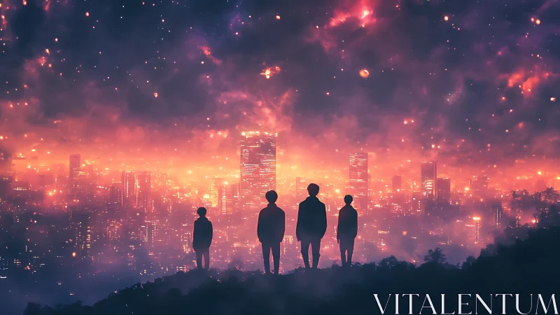 Four friends beneath a glowing cosmic city sky at dusk.