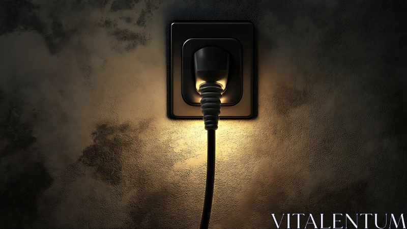 Illuminated black power plug in wall socket on textured plaster