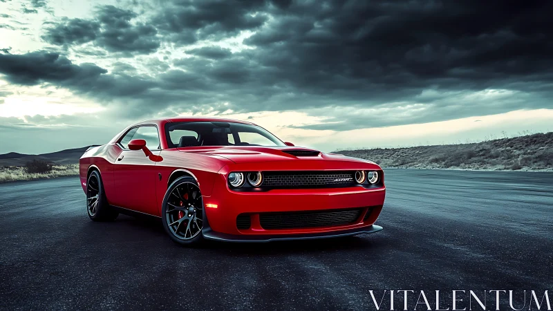 Red muscle car on open road under dramatic sky.