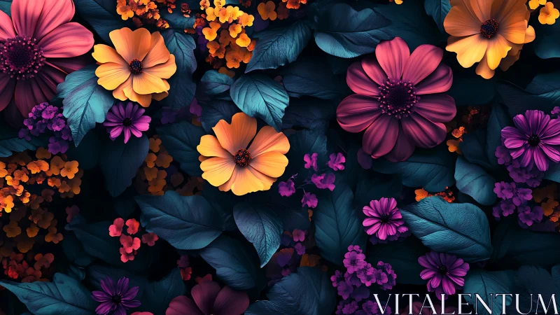 Chromatic Floral Composition: Vibrant Dahlias Against Deep Teal Foliage.