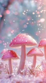 Pink mushrooms with dew stand in soft pastel forest light