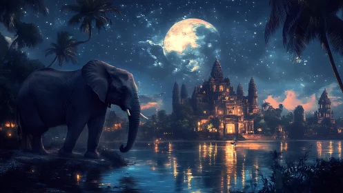 Gentle moonlit elephant watching over a glowing riverside temple.