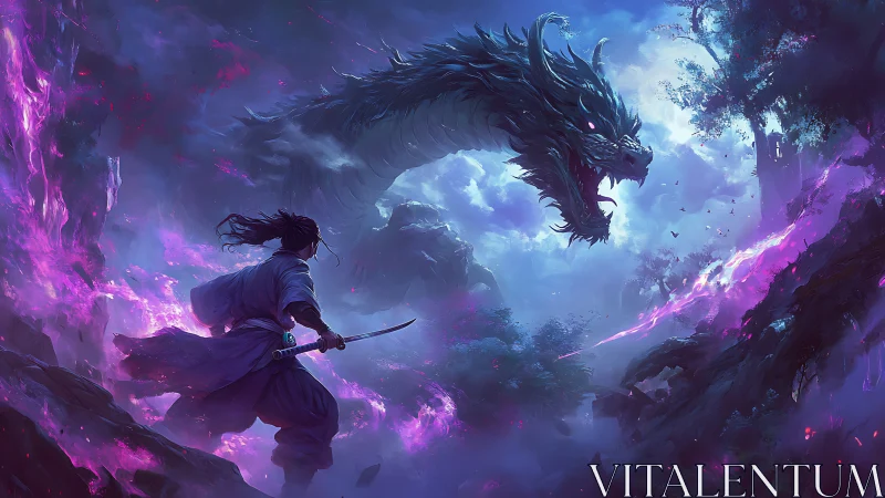 Samurai confronts spectral dragon amid violet stormfire.