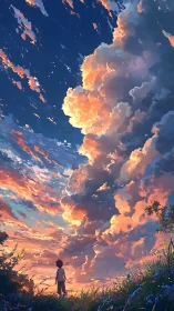 Sunset sky towering over solitary child in lush meadow.