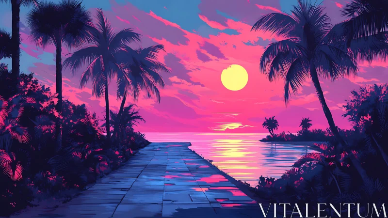 Sunset illuminates tropical palm-lined path beside calm sea