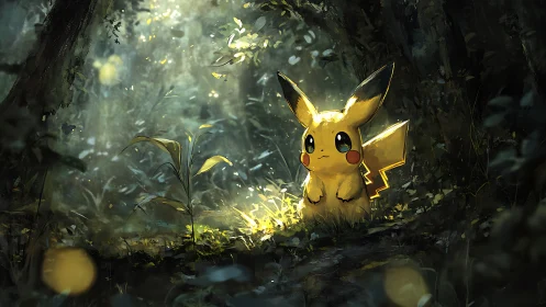 Electric creature resting in dappled forest light clearing