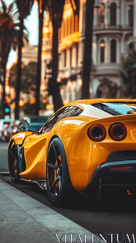Yellow supercar idles on palm-lined city street at sunset
