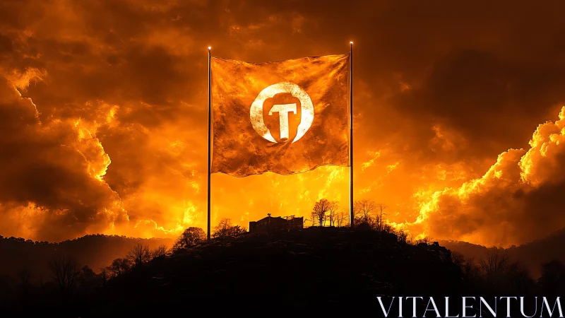 Lone fortress flag glows against blazing orange storm sky