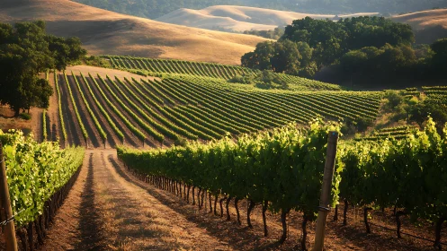 Sunlit hillside vineyard rows in rolling rural landscape.