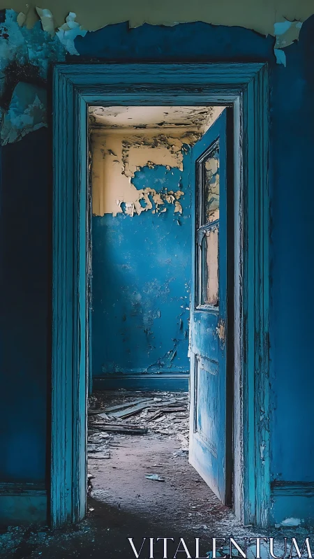 Weathered blue doorway quietly opens into a forgotten room