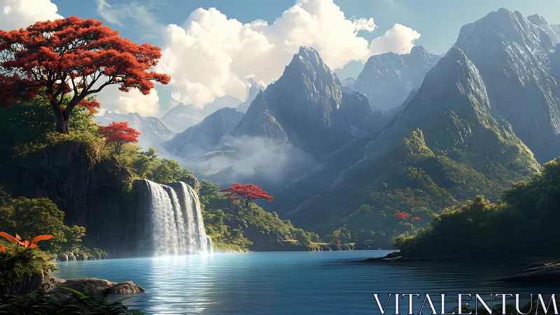 Mountain lake landscape with waterfall and red foliage.