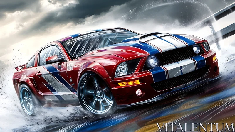 Aerodynamic sport coupe drifting through hydroplaning spray.