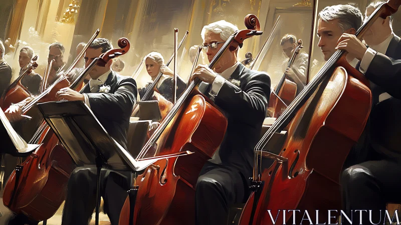 Cellists in formal orchestra performance on stage.