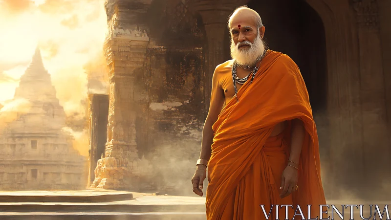 Serene elderly monk walks through sunlit ancient temple courtyard.