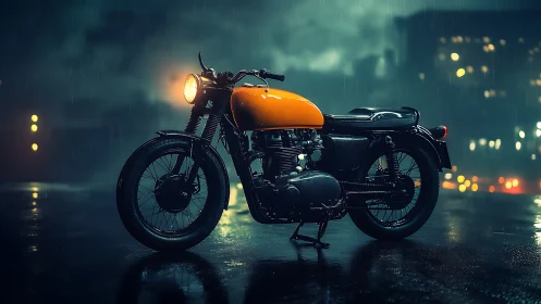 Vintage cafe racer motorcycle in neon-lit rainy night city