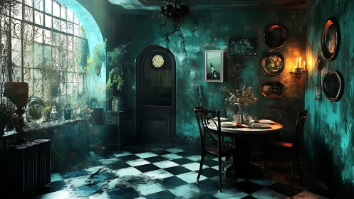 Moonlit ivy haunts a forgotten teal dining room in bloom