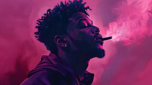 Man in profile smoking in neon pink digital portrait.