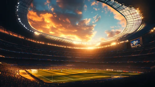 Sunlit football stadium interior under dramatic sky at dusk.